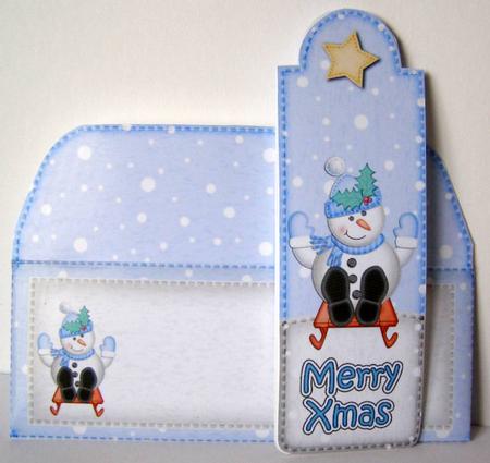 Xmas Sledging Snowman Bookmark Card N Envelope by Margaret McCartney