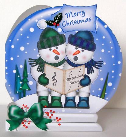 Xmas Singing Snowmen Snow Globe Shaped Card by Margaret McCartney