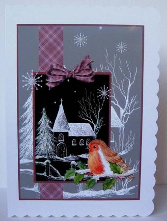 Black and White Church with Robin and Tartan Bows by Margaret McCartney