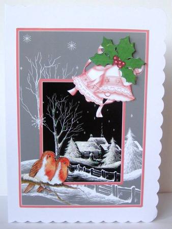 Black & White Cottages with Robins, Bells and Holly Decoupag by Margaret McCartney
