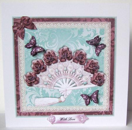 Fan with Antique Roses and Flutters Card Topper by Margaret McCartney