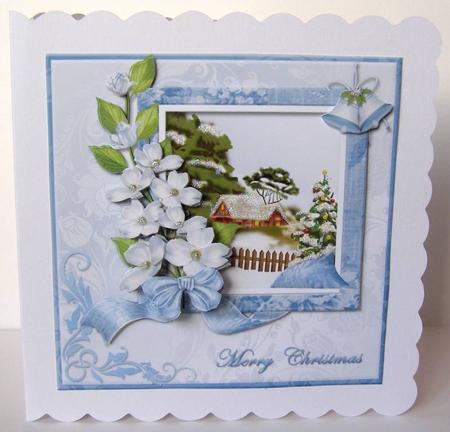 Blue Christmas Scene and Flowers Card Front by Margaret McCartney