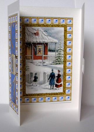 Snow View House Blue Bling Giant Square Buckle Gatefold Card by Margaret McCartney