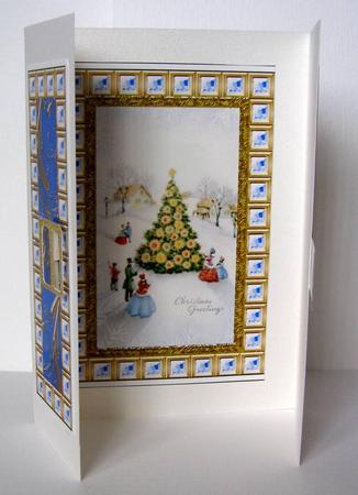 Village Christmas Tree Blue Bling Giant Square Buckle Gatefold Card by Margaret McCartney
