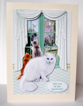 White Cat & 2 Kittens Watching Birds from a Window Decoupage by Margaret McCartney