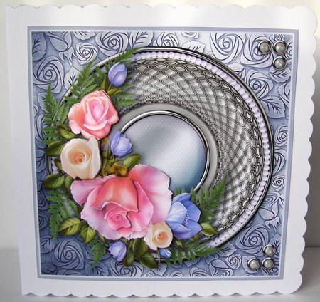Pink Roses on a Platinum Frame 8in x 8in Decoupage by Margaret McCartney