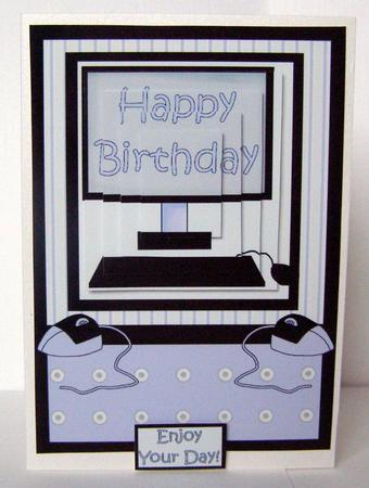 Happy Birthday Male Computer Pyramid Card Front by Margaret McCartney