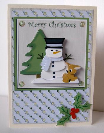 Christmas Snowman Decoupage Card Front by Margaret McCartney