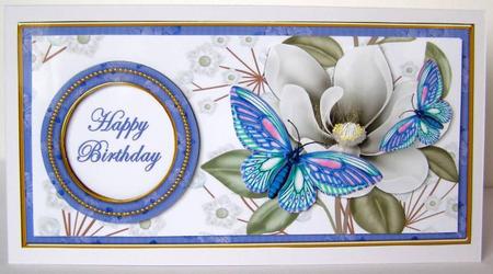 Blue Butterfly Happy Birthday Dl Decoupage Topper by Margaret McCartney