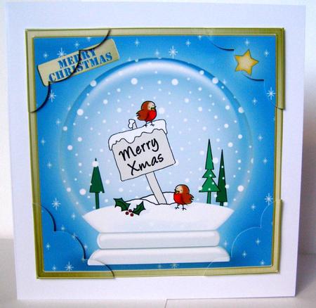 Cute Xmas Robins Snowglobe 8 x 8 Scalloped Corner Topper by Margaret McCartney