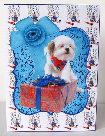 Party Hat & Streamers Birthday Puppy& Present Cut & Fold by Margaret McCartney
