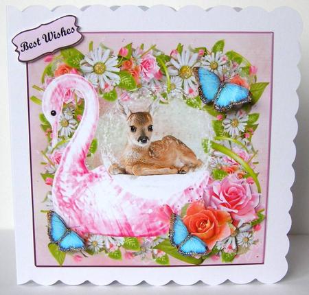 Pink Swan Globe with Fawn, Flowers & Butterflies,decoupage by Margaret McCartney