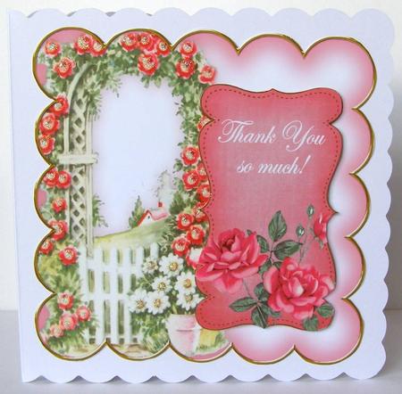 Pink Rose Arch Thank You 8in Scallop Topper by Margaret McCartney