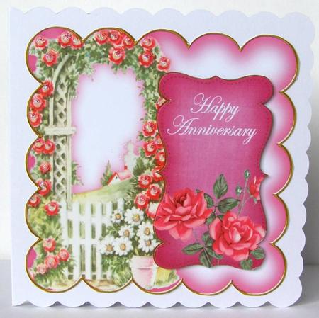Cerise Rose Arch Happy Anniversary 8in Scallop Topper by Margaret McCartney