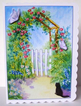 A4 Cat by the Rose Arch and Butterflies Topper by Margaret McCartney
