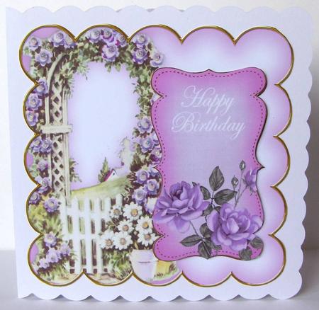 Lilac Rose Arch Happy Birthday 8in Scallop Topper by Margaret McCartney
