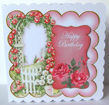 Pink Rose Arch Happy Birthday 8in Scallop Topper by Margaret McCartney
