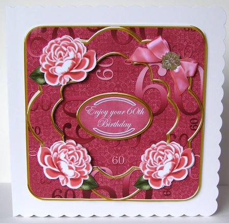 Cerise Rose 60th Birthday Fancy 8in Decoupage Card Front Kit by Margaret McCartney