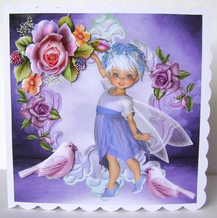 Dancing Faerie in Lilac with Pretty Roses and Birds 8x8 by Margaret McCartney