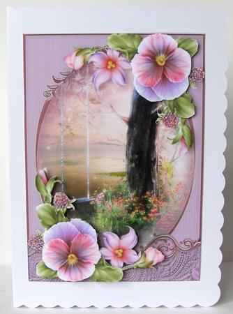 Beautiful Tree Swing Scene with Pansies by Margaret McCartney
