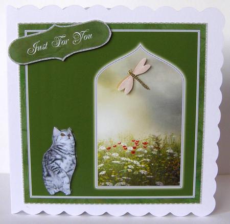 Sweet Kitten and Dragonfly Card Topper 2 by Margaret McCartney