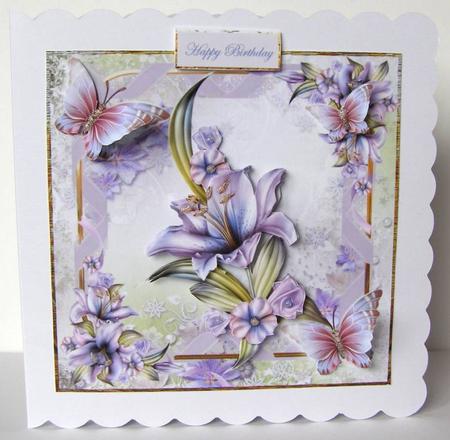 Lily, Butterfly and Lace Card Front with Decoupage by Margaret McCartney