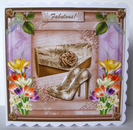 Beige Shoes & Bows 8 x 8ins Decoupage Card Front by Margaret McCartney