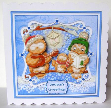 Christmas Carol Singing Owls Square Topper & Decoupage by Margaret McCartney