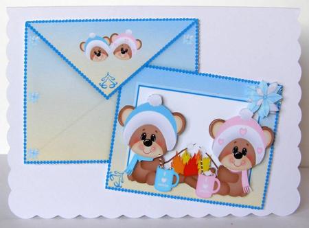Little Teddies Keeping Warm on Card and Envelope by Margaret McCartney