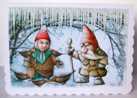 Gnomes Feeding the Birds in the Snow in Icicle Glen A4 by Margaret McCartney