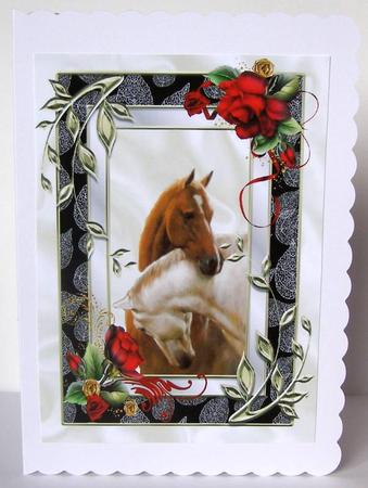 Horses in Frame of Red Roses A4 by Margaret McCartney
