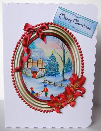 Sledging in the Snow with Red Lilies and Bow Decoupage by Margaret McCartney