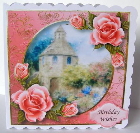 Dovecote & Pink Roses Square Topper by Margaret McCartney
