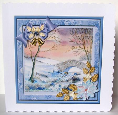 Bridge in Snow with Poinsettia and Gold Holly Decoupage by Margaret McCartney