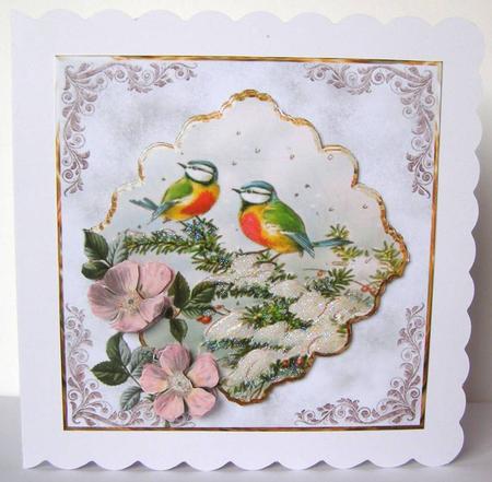 Christmas Rose and Birds Card with a Topper by Margaret McCartney