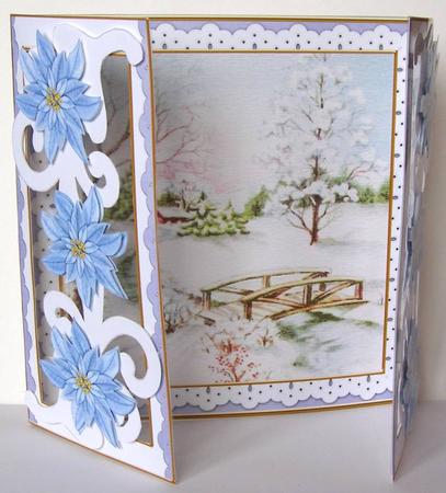 Pretty Snowscene Blue Fancy Swirl Gatefold Card & E Kit by Margaret McCartney