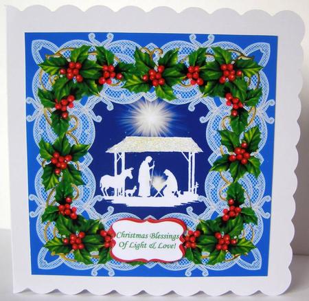 8 x 8 Christmas Nativity Scene Holly & Lace (2) Card Topper by Margaret McCartney