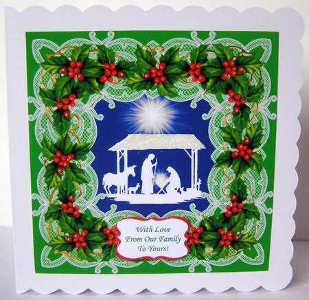 8 x 8 Christmas Nativity Scene Holly & Lace (3) Card Topper by Margaret McCartney