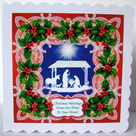 8 x 8 Christmas Nativity Scene Holly & Lace (1) Card Topper by Margaret McCartney