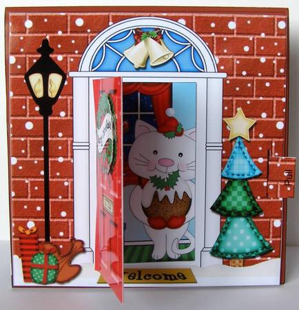 3D Xmas Cat's Pudding Animated Moveable Open Door Card Kit by Margaret McCartney