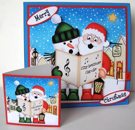 3D Xmas Santa & Snowman Animated Merry Carollers Card by Margaret McCartney