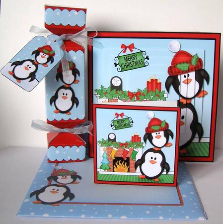 3D Penguins Fireplace Xmas Pyramage Gift Set & Cracker by Margaret McCartney