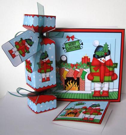 3D Snowman Fireplace Xmas Pyramage Gift Set & Cracker by Margaret McCartney