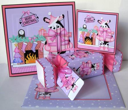 3D Milly Moo Cow Fireplace Xmas Pyramage Gift Set & Cracker by Margaret McCartney