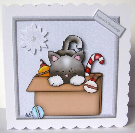Cat in the Box Card Front with Decoupage by Margaret McCartney
