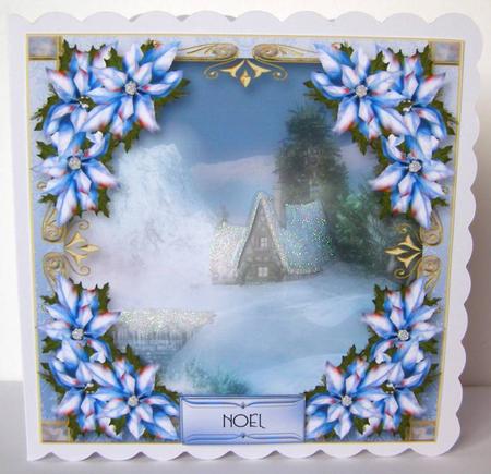 Snowy Log Cabin & Ice Blue Poinsettias by Margaret McCartney