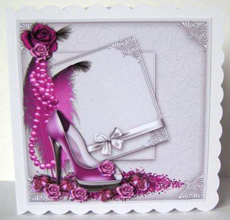 Purple Peep Toe and Roses and Feather Card Front by Margaret McCartney