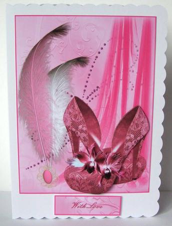 Pink Shoes and Feather Card Front by Margaret McCartney