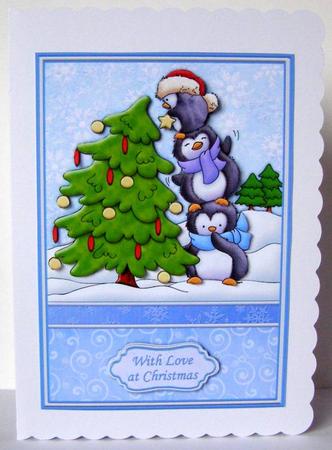 Penguin Fun Decorating Christmas Tree Card Topper Decoupage by Margaret McCartney