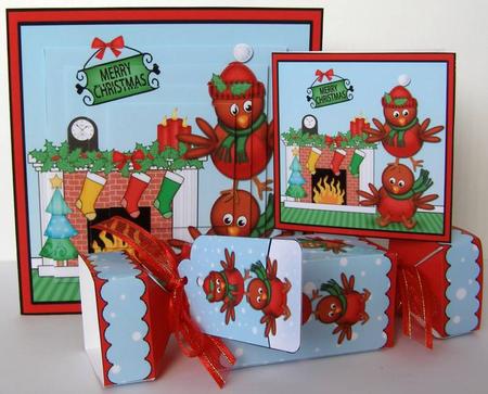 3D Robins Fireplace Xmas Pyramage Gift Set & Cracker by Margaret McCartney